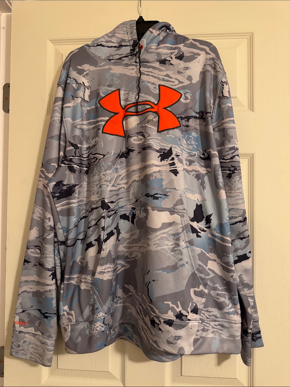 Under Armour Men’s Gray & Blue Camo Hoodie with Bright Orange Logo